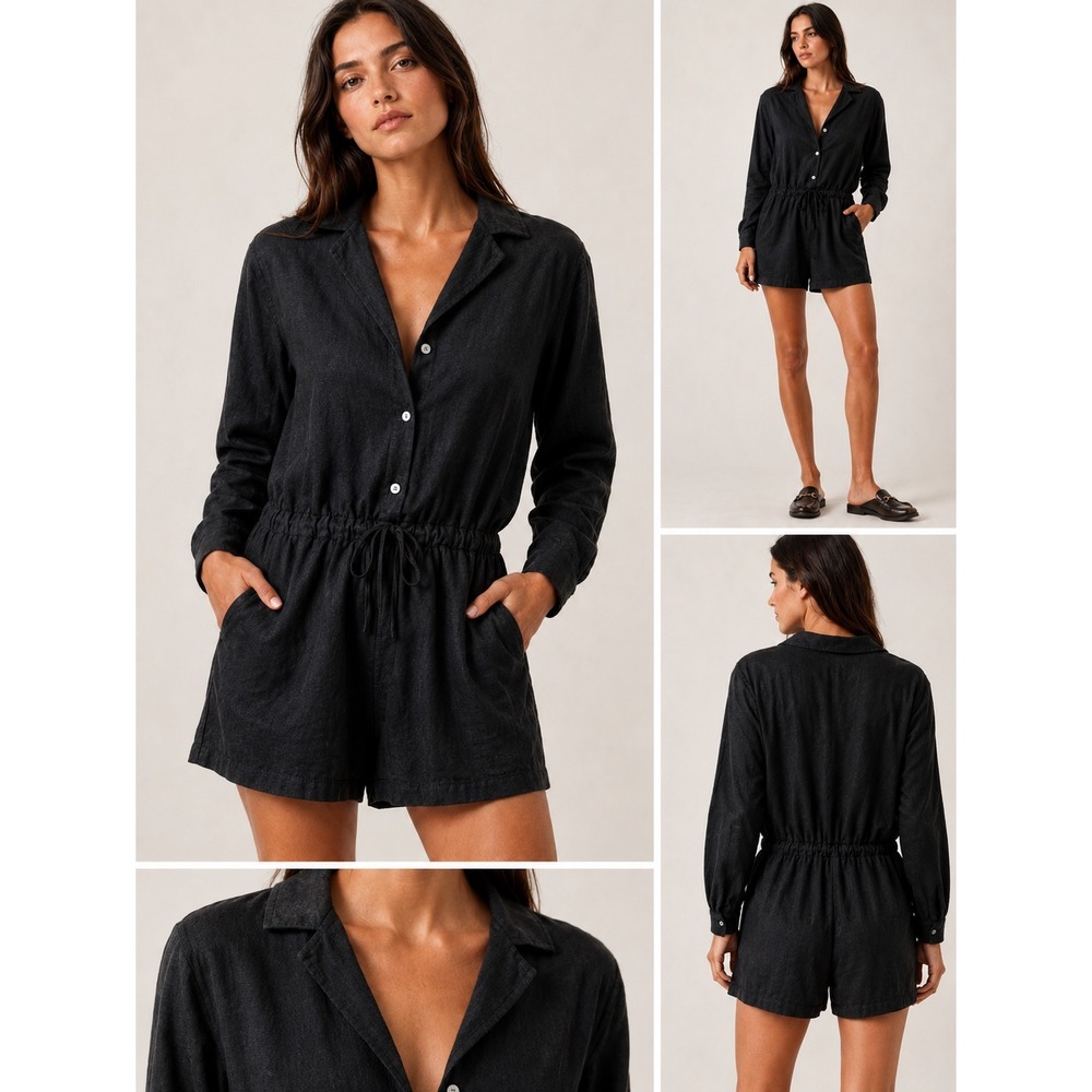 James Perse Black 100% Linen Long Sleeve Button Front Romper Size 0